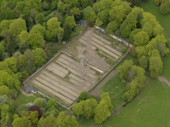 Oblique aerial view centred on the walled garden, taken from the SE.