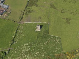 Oblique aerial view centred on the tower house, taken from the SSW.