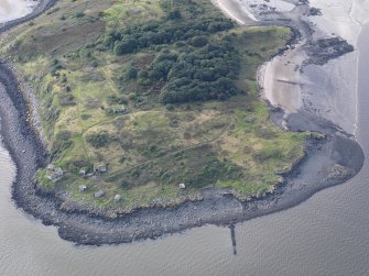 Oblique aerial view of Cramond Island centred on The Binks, taken from the N.