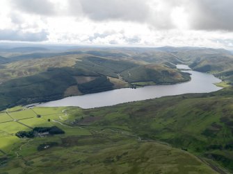 Oblique aerial view showing St Mary's Loch and Dryhope Tower, taken from the N.