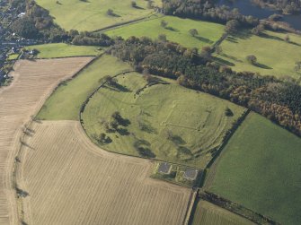 Oblique aerial view of the remains of the fort and redoubt at Duns Law, taken from the ENE.