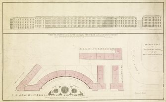 Hand finished engraving of feu plan of crescent and West elevation.
Titled: 'FEUING PLAN  of  GARDNER HALL  belonging to  WILLIAM GARDNER W.S.'.
Printed: 'R & R Dickson Artc' 'W.H.Lizars sculpt'.