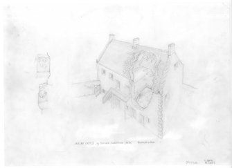 Skelbo Castle. Sketch reconstruction-axometric view;
Perspective sketches of stone carved heads