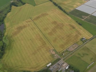 Oblique aerial view centred on the cropmarks of the rig, pits and barrows on Craigmill Farm, taken from the S.