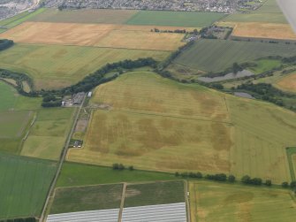 General oblique aerial view centred of the cropmarks of the rig, pits and barrows on Craigmill Farm, taken from the NE.