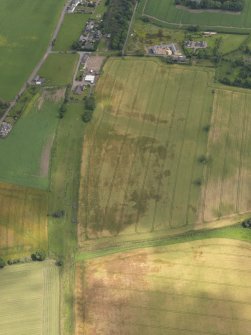 Oblique aerial view of the cropmarks of the round houses, ring ditches and rig and furrow with Hedderwick House adjacent, taken from the SW.