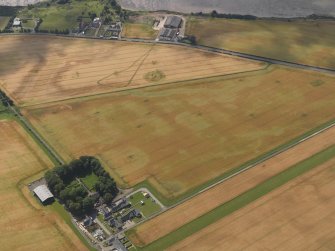 Oblique aerial view of the cropmarks of the round houses and ring ditches of the unenclosed settlement and the farmsteading at Newbigging, taken from the N.