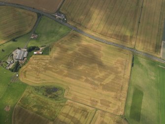 Oblique aerial view of the cropmarks of the barrow, ring ditches and pits at Easter Kinnear with the farmsteading adjacent, taken from the SE.