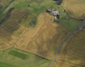 Oblique aerial view of the cropmarks of the barrow, ring ditches and pits at Easter Kinnear with the farmsteading adjacent, taken from the NNE.