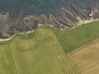 Oblique aerial view centred on the cropmarks of the fort at Randerston, taken from the WSW.