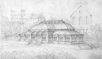 Sheet 2   Closer view showing St Cuthbert's, James Weir building
Princes Street Gardens, set of 6 sketches of proposed Winter Garden
