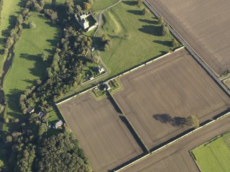Oblique aerial view centred on the walled garden with the castle adjacent, taken from the WNW.