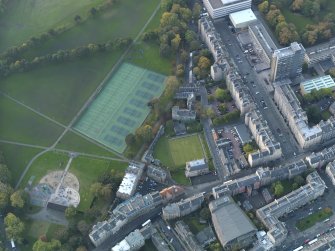 Oblique aerial view centred on Meadow Lane with Buccleuch Street adjacent, taken from the ESE.