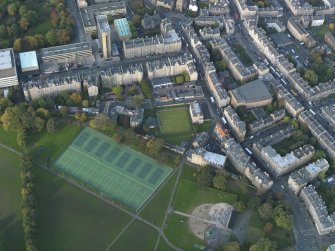 Oblique aerial view centred on Meadow Lane with Buccleuch Street adjacent, taken from the S.