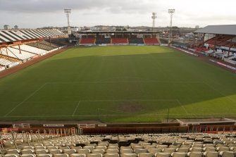 View of St Mirren Park, taken from the rear of the Caledonia Street (west) stand