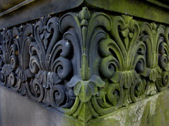 Detail of decorative cornice on monument in memory of John Brown (died 27th October 1856).  Located in the front section of Grange Cemetery.