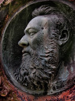 Detail of bronze portrait plaque on monument in memory of James Smith (died 1889).  Located in the front section of Grange Cemetery.