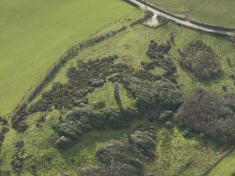 Oblique aerial view centred on the remains of the fort with the monument adjacent, taken from the N.