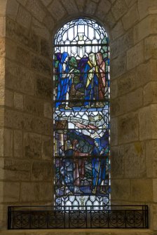 Interior. S Wall stained glass window by  Douglas Strachan. Detail