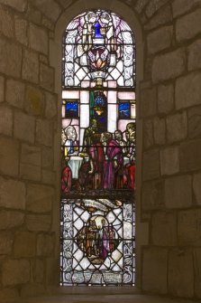 Interior. Chancel. S Wall stained glass window  by  Douglas Strachan. Detail