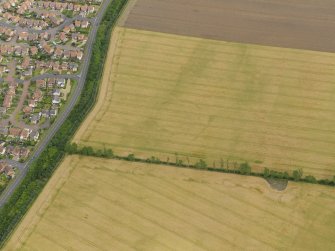Oblique aerial view centred on the cropmarks of the settlement at Seton West Mains, taken from the SW.