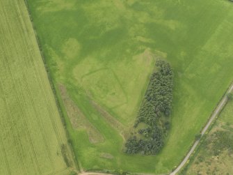 Oblique aerial view centred on the cropmarks of the rectilinear settlement and adjacent enclosure at West Mains, taken from the E.