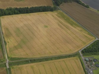 Oblique aerial view centred on the linear cropmarks and the cropmarks of the rig and furrow at Burleigh, taken from the W.
