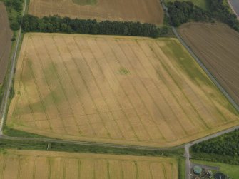 Oblique aerial view centred on the linear cropmarks and the cropmarks of the rig and furrow at Burleigh, taken from the WSW.