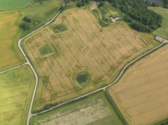 Oblique aerial view of the cropmarks of the enclosure and timber hall at Monboddo, taken from the WNW.