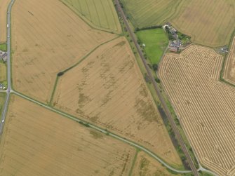 Oblique aerial view of the cropmarks of the rig and furrow and field boundaries at Myreside, taken from the NNE.