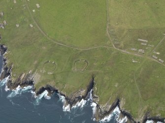 Oblique aerial view centred on the Hoxa Head WW I coastal battery, taken from the SSW.