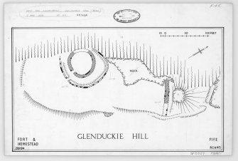 Ink drawing: fort and homestead at Glenduckie Hill.