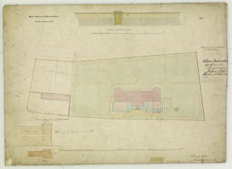 Block plan of site, elevation of N boundary wall, plan and elevation of gate piers.