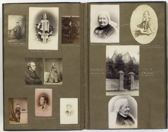 Double-page (pgs 11V and 12) showing 11 family portaits and 1 view of family member in front of Elm Bank House.