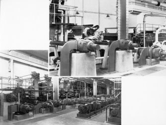 Copy of photograph of paper making machine (no.6), general views of the back of the machine with sectional driving gear designed and suplied  by THE BRITISH THOMSON-HOUSTON CO LTD, Rugby and is the first set of its kind installed in Europe. The sectional driving motors are controlled electronically from the front of the machine , the individual panels being provided with an 'inch' push button, a crawl off/on switch and a draw-control handwheel and ammeter, from the JB&S Machine 161 catalogue, James Bertram and Son Ltd, Leith Walk, Edinburgh, circa 1953. The catalogue describes and illustrates some of the features of the No 161 machine 'recently installed at the well known Mill of Guard Bridge Paper Co Ltd, Fife , Scotland designed with the co-operation of the Mill Staff especially for the economical production of the highest quality papers...'