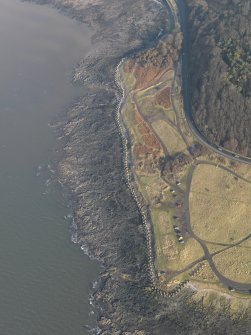 Oblique aerial view centred on the anti tank blocks, taken from the NW.