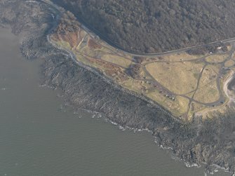 Oblique aerial view centred on the anti tank blocks, taken from the NW.