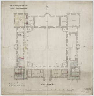 Plan of ground floor showing alterations including details of new staircase and lavatories.
Title: 'PLAN OF PROPOSED ALTERATIONS  ON  HERIOTS HOSPITAL BUILDINGS'.
Insc: '21 St Andrew Square  Edinr'.
Dated: 'Dec 1885'.
Signed: 'John Chesser  Archt'.
