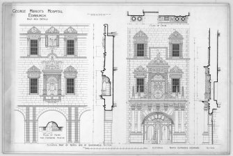 Elevations showing details of North side of quadrangle and North entrance doorway. George Heriot's School, Edinburgh.
Title: 'GEORGE HERIOT'S HOSPITAL  EDINBURGH  HALF-INCH DETAILS'.
Insc on verso: 'R.I.B.A SILVER MEDAL (DRAWINGS) 1891-2'.
