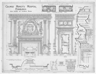 Plans, sections and elevations showing details of council room including fireplace, door, panels, finishes and fittings.
Title: 'GEORGE HERIOT'S HOSPITAL  EDINBURGH  INCH DETAIL OF COUNCIL ROOM'.
