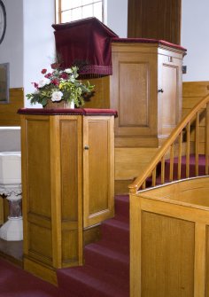 Detail of pulpit with precentor's desk below, sitting centrally on the south wall of the Parish Church of Ettrick & Buccleuch