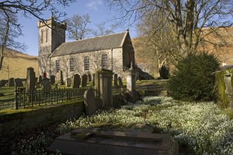 View looking across the graveyard towards the Parish Church of Ettrick & Buccleuch from SE