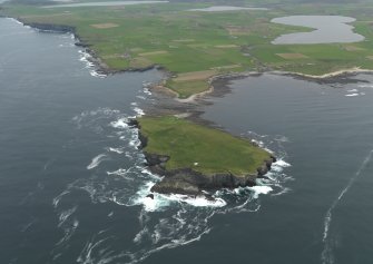 General oblique aerial view centred on the lighthouse with the Brough of Birsay adjacent, taken from the W.