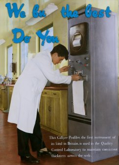 Copy of photograph of marketing/advertising poster from Guardbridge entitled 'We buy the best, Do You?' showing Caliper Profiler and laboratory staff member