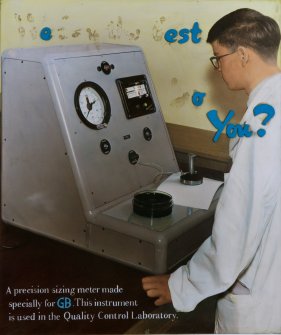 Copy of photograph of public relations/marketing/advertising poster from Guardbridge entitled 'We buy the best, Do You?' showing a precision sizing meter and laboratory staff member