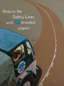 Copy of advertising poster from Guardbridge entitled 'Keep to the Safety Lanes with GB branded papers' showing a a branded truck ('Guard Bridge Paper Makers') on the road