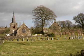 View looking E across graveyard, showing the ruinous Dalton Old Parish Church in relation to the present Dalton Parish Church