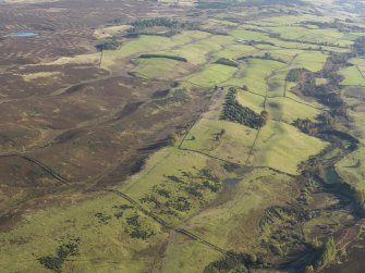 Oblique aerial view looking across the remains of the deer park boundary ditch, taken from the S.