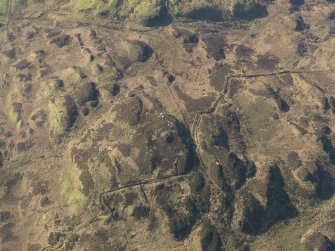 Oblique aerial view centred on the remains of the fort and possible cairn on Ranachan Hill, taken from the NE.