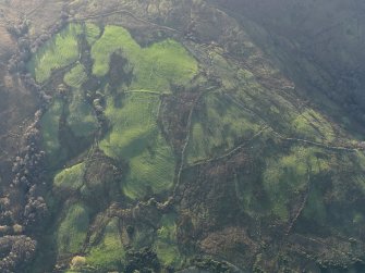 Oblique aerial view centred on the remains of the field banks and the rig and furrow, taken from the NE.